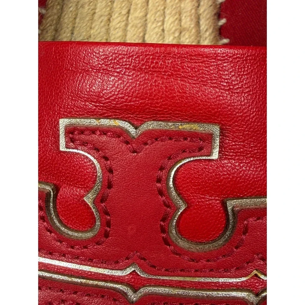 Tory Burch Ines Red Leather Espadrille Flats Double T Logo 52035 Womens 6.5M